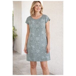 NWT Puro Lino Linen Dress Womens 2XL Sage Green Floral Embroidered Made in Italy